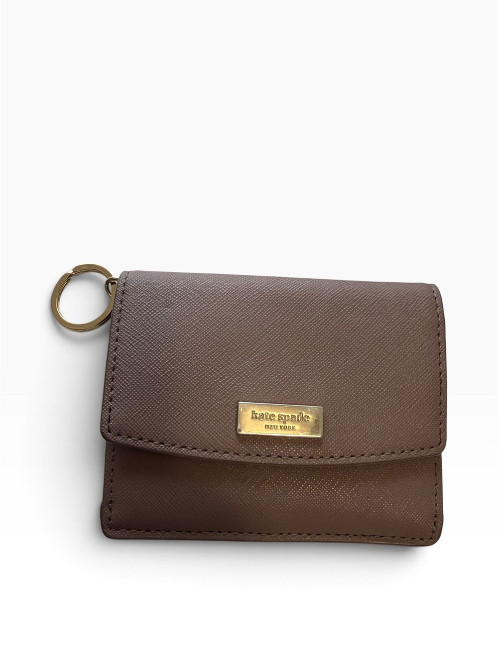 Kate Spade New York Taupe Saffiano Leather Bifold Mini Wallet with Key Ring